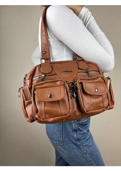 Kadın Suni Deri Taba Çok Cepli Modern Maxi Boy Omuz Çantası