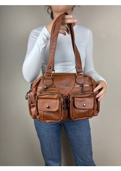 Kadın Suni Deri Taba Çok Cepli Modern Maxi Boy Omuz Çantası fiyatları