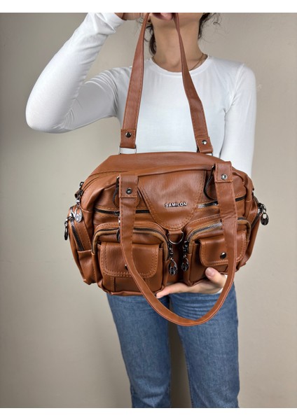 Kadın Suni Deri Taba Çok Cepli Modern Maxi Boy Omuz Çantası indirimleri