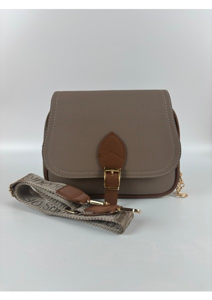 Kadın Kumaş Krem Tokalı Kapaklı Şık Mini Boy El ve Omuz Çantası