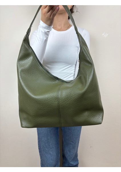 Kadın Suni Deri Haki Kapitone Dokulu Maxi Boy Omuz Çantası