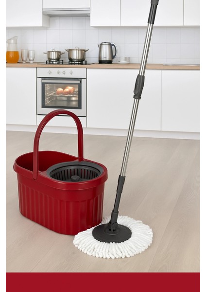 Otomatik Mop Seti Paspas ve Sıkma Kovası, 360° Döner Başlıklı Mikrofiber Yer Temizleme Bordo fiyatları