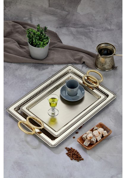 Dikdörtgen Model Lüx Metal 2’li Sunum Tepsisi – Altın Kulplu Şık Çay Tepsisi, Kahve ve Nişan Sunum Tepsisi Seti (35X25 cm ve 44X32 Cm) fiyatları