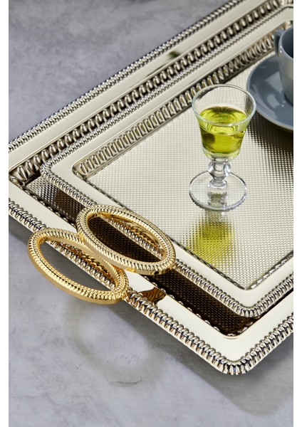 Dikdörtgen Model Lüx Metal 2’li Sunum Tepsisi – Altın Kulplu Şık Çay Tepsisi, Kahve ve Nişan Sunum Tepsisi Seti (35X25 cm ve 44X32 Cm) modelleri