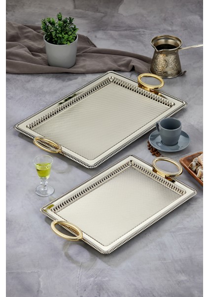 Dikdörtgen Model Lüx Metal 2’li Sunum Tepsisi – Altın Kulplu Şık Çay Tepsisi, Kahve ve Nişan Sunum Tepsisi Seti (35X25 cm ve 44X32 Cm)