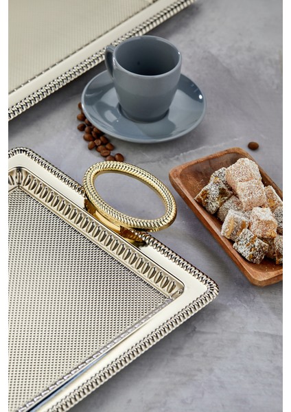 Dikdörtgen Model Lüx Metal 2’li Sunum Tepsisi – Altın Kulplu Şık Çay Tepsisi, Kahve ve Nişan Sunum Tepsisi Seti (35X25 cm ve 44X32 Cm)