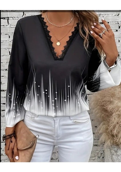 Kadın V Yaka Dantel Desen Modal Kumaş Bluz