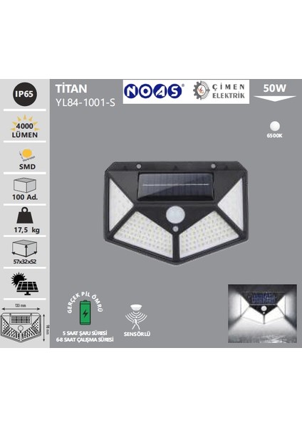 Noas YL84 1001 S Titan 50W Siyah Sensörlü Solar Aplik Beyaz Işık 6500K