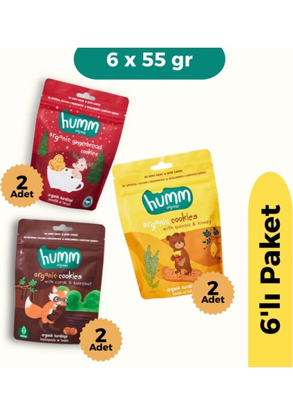 Buğz Humm Organik Kurabiye 6'lı Set (Keçiboynuzlu ve Fındıklı & Zencefilli ve Tarçınlı & Ballı ve Kinoalı)