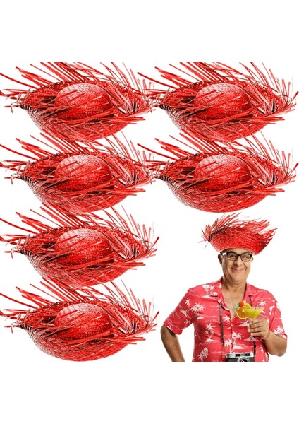 Tropikal Parti Kırmızı Hasır Hawaii Şapkası 13X36 cm fiyatları