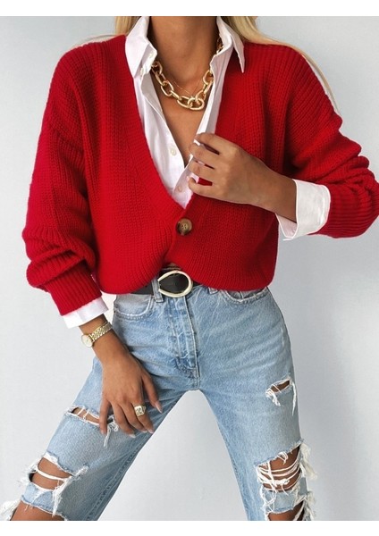 Kadın Düğme Detay Triko Hırka