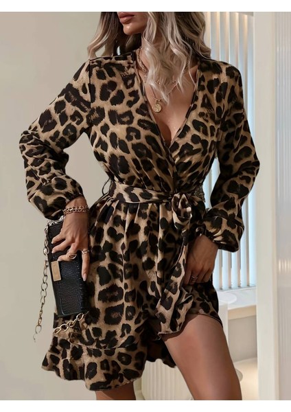 Rengastyle Kadın Kruvaze Yaka Kuşaklı Leopar Desenli Dalgıç Kumaş Elbise modelleri