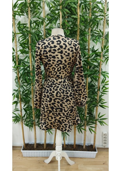 Rengastyle Kadın Kruvaze Yaka Kuşaklı Leopar Desenli Dalgıç Kumaş Elbise indirimleri