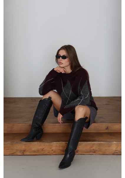 Gri Mor Baklava Desen Kazak