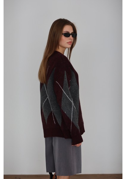 Gri Mor Baklava Desen Kazak modelleri