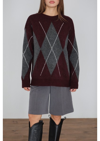 Gri Mor Baklava Desen Kazak fırsatları