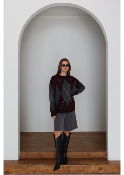 Gri Mor Baklava Desen Kazak indirimleri