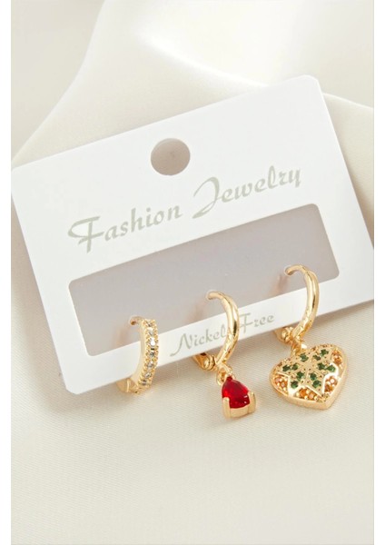 3 Adet Kalp Zirkon Taşlı Küpe