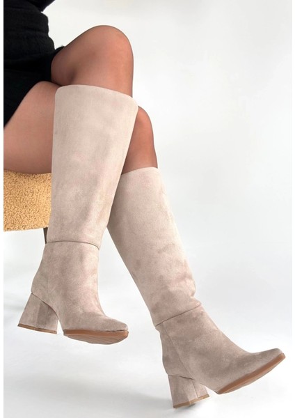 Roksa Bej Süet Topuklu Çizme
