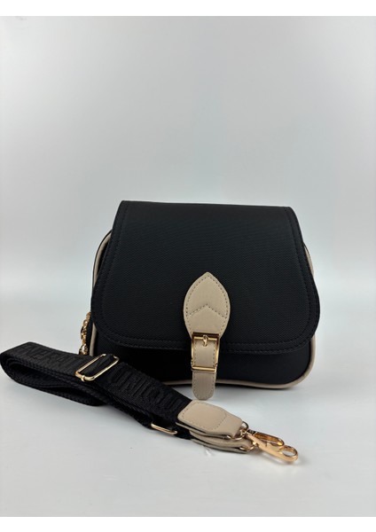 Kadın Kumaş Siyah Tokalı Kapaklı Şık Mini Boy El ve Omuz Çantası