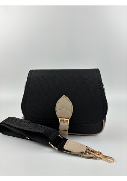 Kadın Kumaş Siyah Tokalı Kapaklı Şık Mini Boy El ve Omuz Çantası