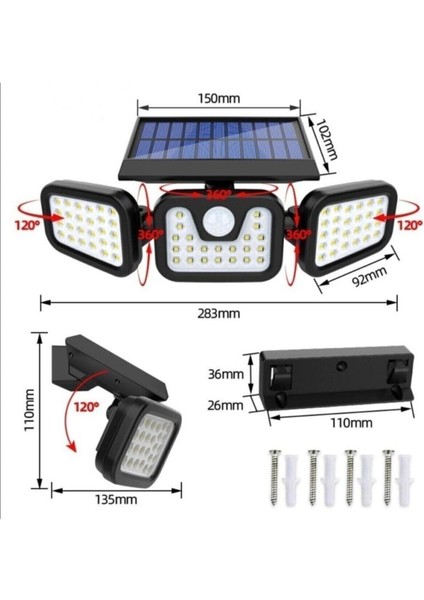 Güneş Enerjili Hareket Sensörlü 3 Taraflı Bahçe Aydınlatması Işık modelleri