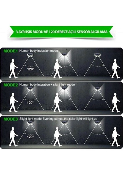 Güneş Enerjili Hareket Sensörlü 3 Taraflı Bahçe Aydınlatması Işık