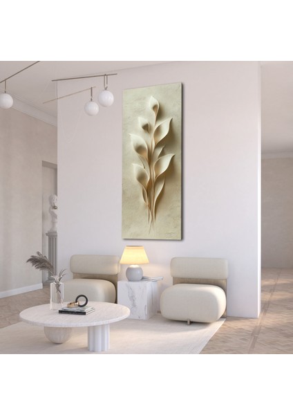 Panoramik Kabartma Doku Yaprak Motifli Minimal Kanvas Tablo – Dikey Bej Tonlarında Modern Duvar Dekoru