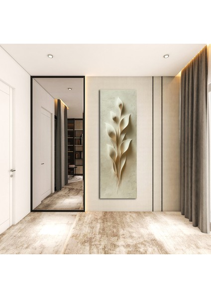 Panoramik Kabartma Doku Yaprak Motifli Minimal Kanvas Tablo – Dikey Bej Tonlarında Modern Duvar Dekoru fiyatları