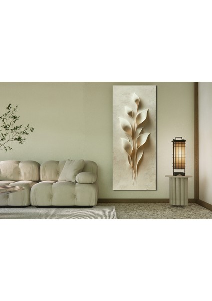 Panoramik Kabartma Doku Yaprak Motifli Minimal Kanvas Tablo – Dikey Bej Tonlarında Modern Duvar Dekoru modelleri
