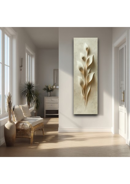Panoramik Kabartma Doku Yaprak Motifli Minimal Kanvas Tablo – Dikey Bej Tonlarında Modern Duvar Dekoru