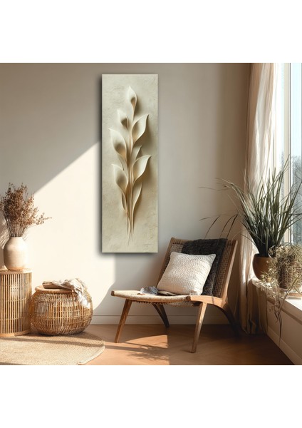 Panoramik Kabartma Doku Yaprak Motifli Minimal Kanvas Tablo – Dikey Bej Tonlarında Modern Duvar Dekoru