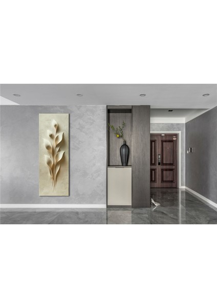 Panoramik Kabartma Doku Yaprak Motifli Minimal Kanvas Tablo – Dikey Bej Tonlarında Modern Duvar Dekoru