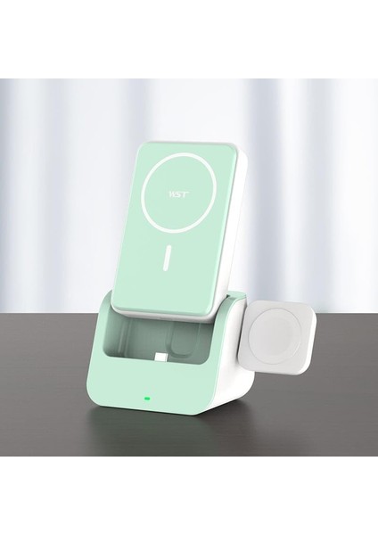 Wst Kablosuz Şarj Seti 10000MH Powerbank Magsafe ile Uyumlu Stand Olabilir Saat ve Airpods Kulaklık Şarj Edebilir Portatif Sökülüp Tek Tek Kullanılabilir (Zümrüt Yeşil)