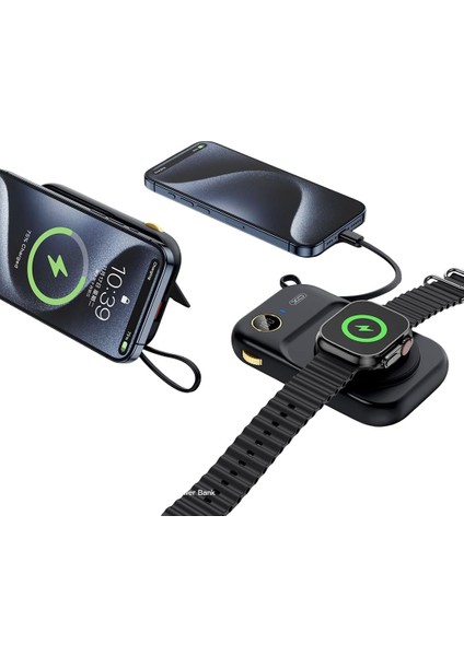 Xo ile Uyumlu Powerbank, Telefon ve Akıllı Saat ŞARJ,10000 Mah, 22.5W Hızlı Şarj, 15W Kablosuz Şarj, Uyumlu, Dahili Type-C Kablo, Stand Olabilir, Dijital Gösterge, PR270 (Siyah)