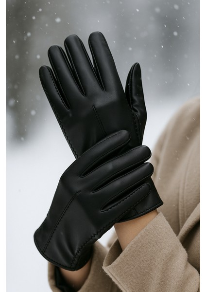 Kadın Siyah Suni Deri Içi Polarlı Eldiven - Standart Beden