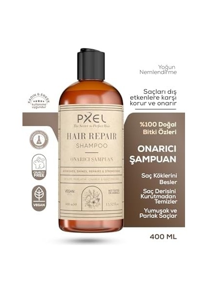 Pxel Saç Onarıcı Şampuan 400 ml – Bitkisel Özler ve Amino Asit Kompleksi ile Yıpranmış Saçların Onarılmasına Yardımcı – Yıpranmış Saçlar Için Günlük Kullanıma Uygun – Vegan Formül