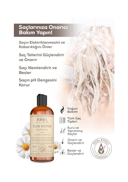 Pxel Saç Onarıcı Şampuan 400 ml – Bitkisel Özler ve Amino Asit Kompleksi ile Yıpranmış Saçların Onarılmasına Yardımcı – Yıpranmış Saçlar Için Günlük Kullanıma Uygun – Vegan Formül modelleri