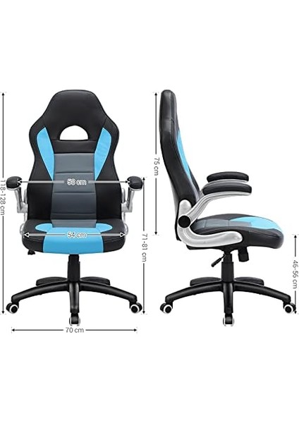Oyuncu, Yüksek Sırtlı, Ofis Koltuğu, Yüksekliği Ayarlanabilir, Katlanabilir Kolçaklar, Sallanan Fonksiyon, Oyuncular Için, Siyah/gri/mavi, OBG28BU, 70X70X(116-126) modelleri