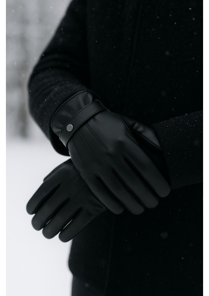 Erkek Siyah Suni Deri Içi Polarlı Eldiven - Standart Beden