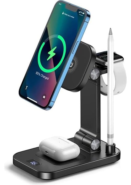 Xo 4'lü Kablosuz Şarj Istasyonu, 15W Telefon, 5W Kulaklık, 2.5W Saat, 2W Stylus Kalem Şarj Destekli, ile Uyumlu, Tek Istasyonda Şarj, Metal Gövde, LED Ekranlı, TK23, Siyah
