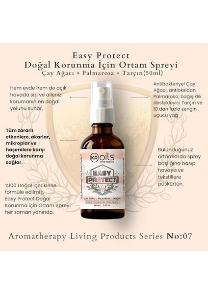 Kaoils Easy Protect Doğal Ortam Spreyi – Akar, Mikrop ve Bakterilere KARŞI%100 Doğal Koruma | Tarçın, Palmarosa, Çay Ağacı | 50 ml modelleri