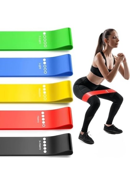 5 Adet Farklı Dirençte Pilates Squat Aerobik Bandı - Hafif,orta,sert Çalışma Lastiği-Evde Spor Karın Kası Sıkılaşma Seti modelleri
