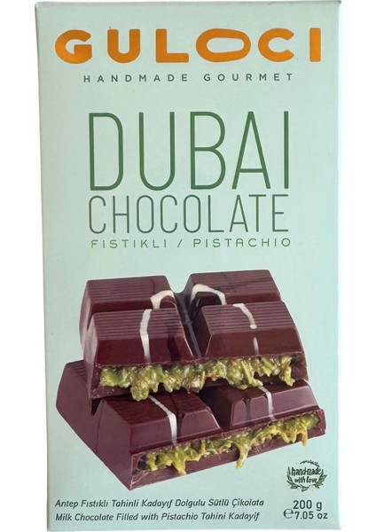 Gulocı Dubai Çikolatası - Antep Fıstıklı Tahinli Kadayıf Dolgulu Sütlü Çikolata - 200 gr modelleri