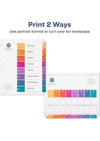 8 Sekmeli Bölücüler, 3 Halkalı Bağlayıcı Içindekiler Özelleştirilebilir Tablo, Çok Renkli Sekmeler, 24 Set (11168) modelleri