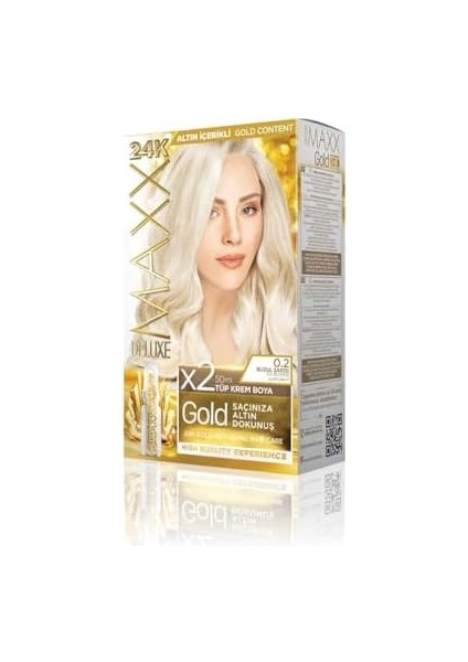 Maxx Deluxe Gold Serisi 24K Altın Parçacıklı Serum ile 1 Kutu 2 x 50 ml ve Geliştiriciler Saç Boyası (Buzul Sarısı 0.2)