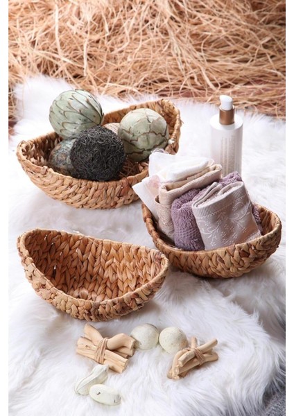 El Yapımı Su Sümbülü Hasır 3 Parça Kayık Ekmek Sepeti - Çok Amaçlı Hasır Kayık Sepet Seti