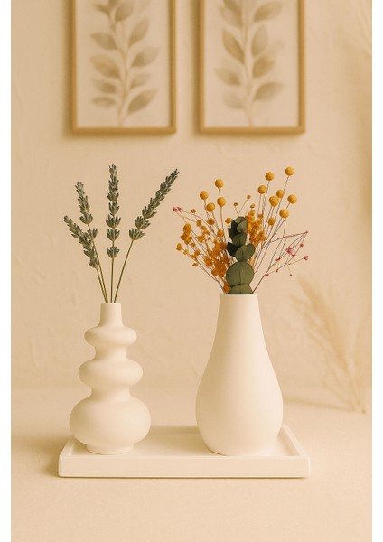 Minimalist Beyaz Vazo Seti (Tabaklı, 3 Parça) - El Yapımı Ev Aksesuarı