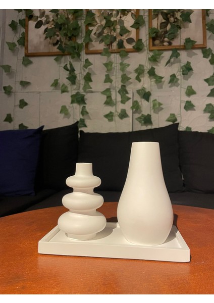 Minimalist Beyaz Vazo Seti (Tabaklı, 3 Parça) - El Yapımı Ev Aksesuarı fiyatları