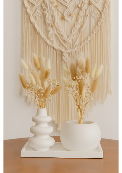 El Yapımı Modern Vazo Seti ( Tabak ile Birlikte ) Beyaz Kuru Çiçeklik Dekoratif Orta Sehpa Üstü
